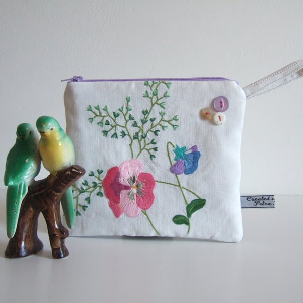  Make up bag from upcycled embroidered pansies vintage table linen.