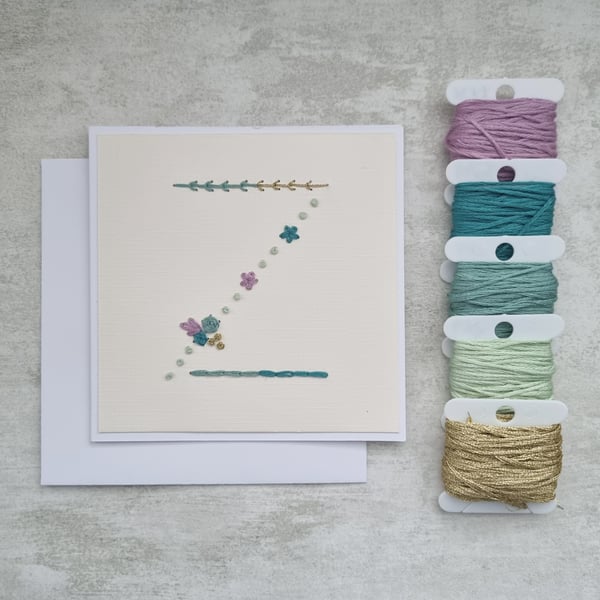Letter Z Embroidered Card, Personalised Bridesmaid Card, Birthday Keepsake Card
