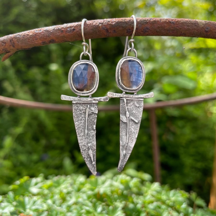 Silver and sapphire long earrings