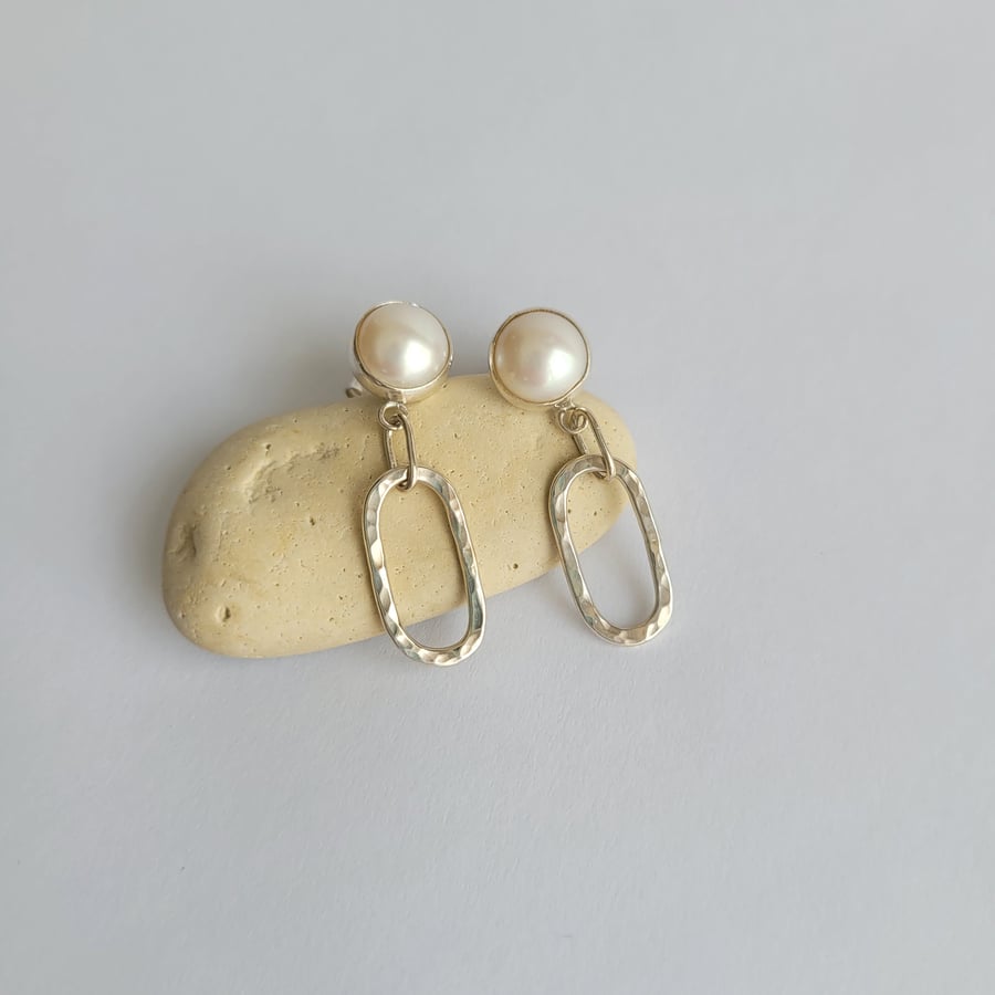 White Pearl and Hammered Recycled Sterling Silver Oval Dangle Drop Earrings