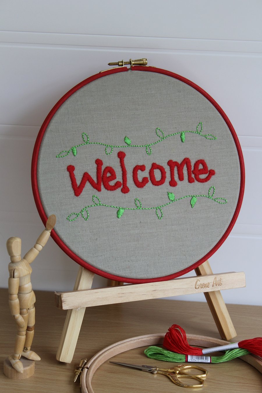 Embroidered Hoop Welcome Sign, Hand Embroidered, Greeting, 