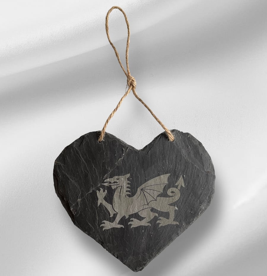 Hanging decoration Welsh Dragon on slate heart. Reclaimed slate.  