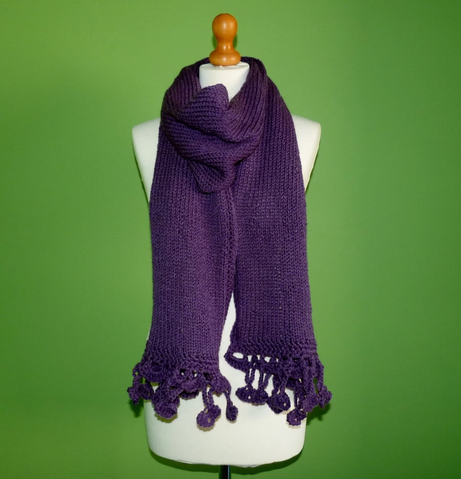 Purple Aran Weight Knitted  Scarf with Crochet Trim