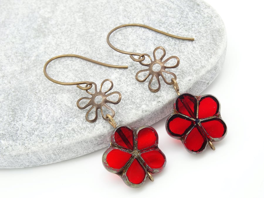 Flower Earrings, Red Earrings, Czech Glass Earrings, Boho Earrings.