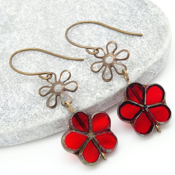 Flower Earrings, Red Earrings, Czech Glass Earrings, Boho Earrings.