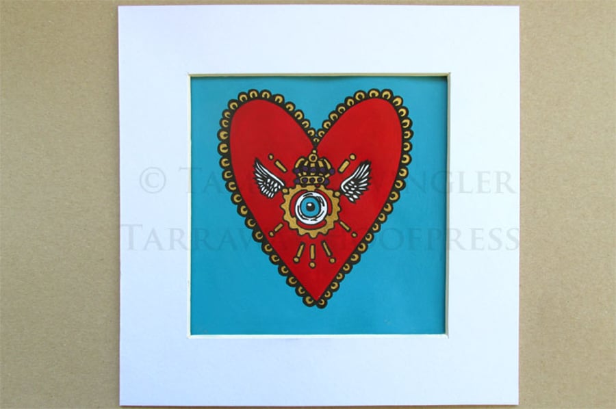 Sacred Steampunk Heart in Turquoise - Limited Edition Lino Print