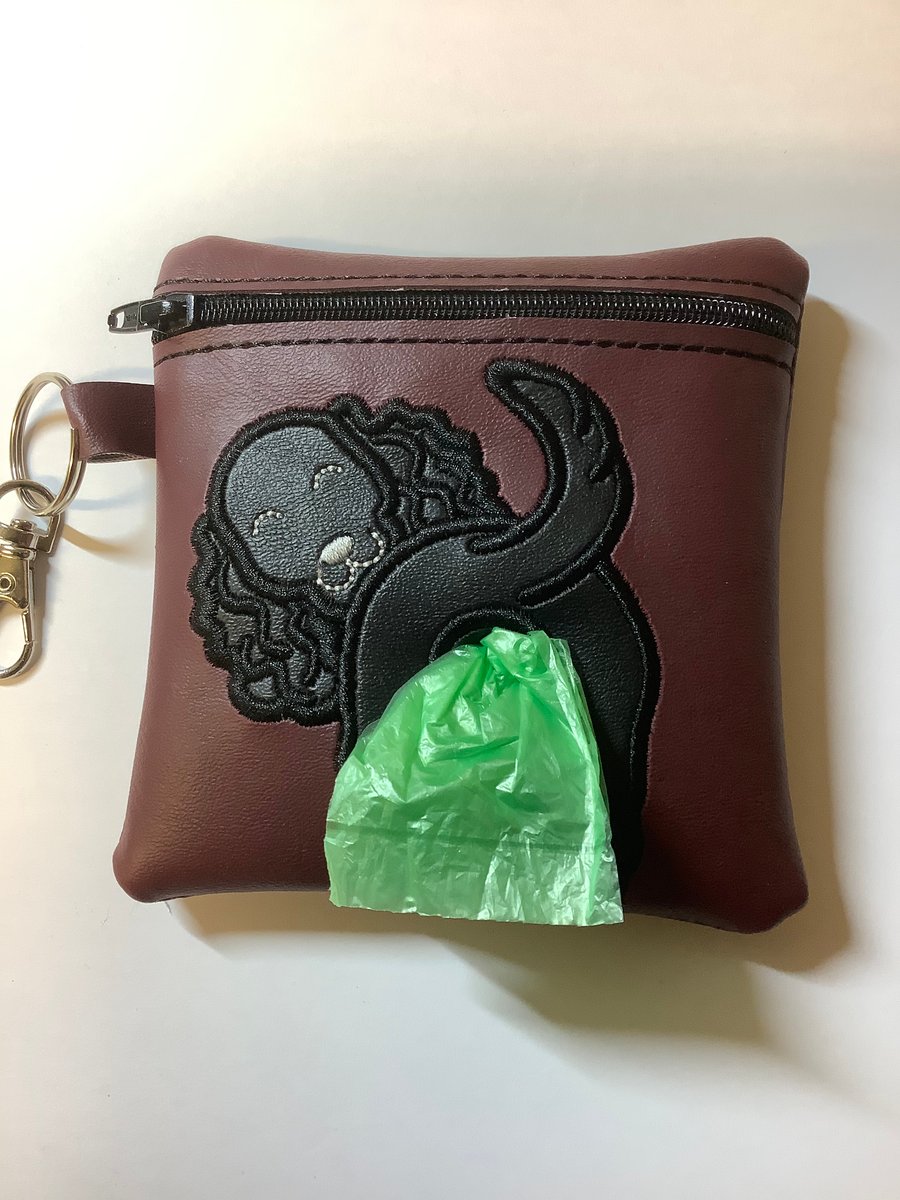 Attractive  Spaniel Embroidered Burgundy faux leather dog poo bag ,dog walking,