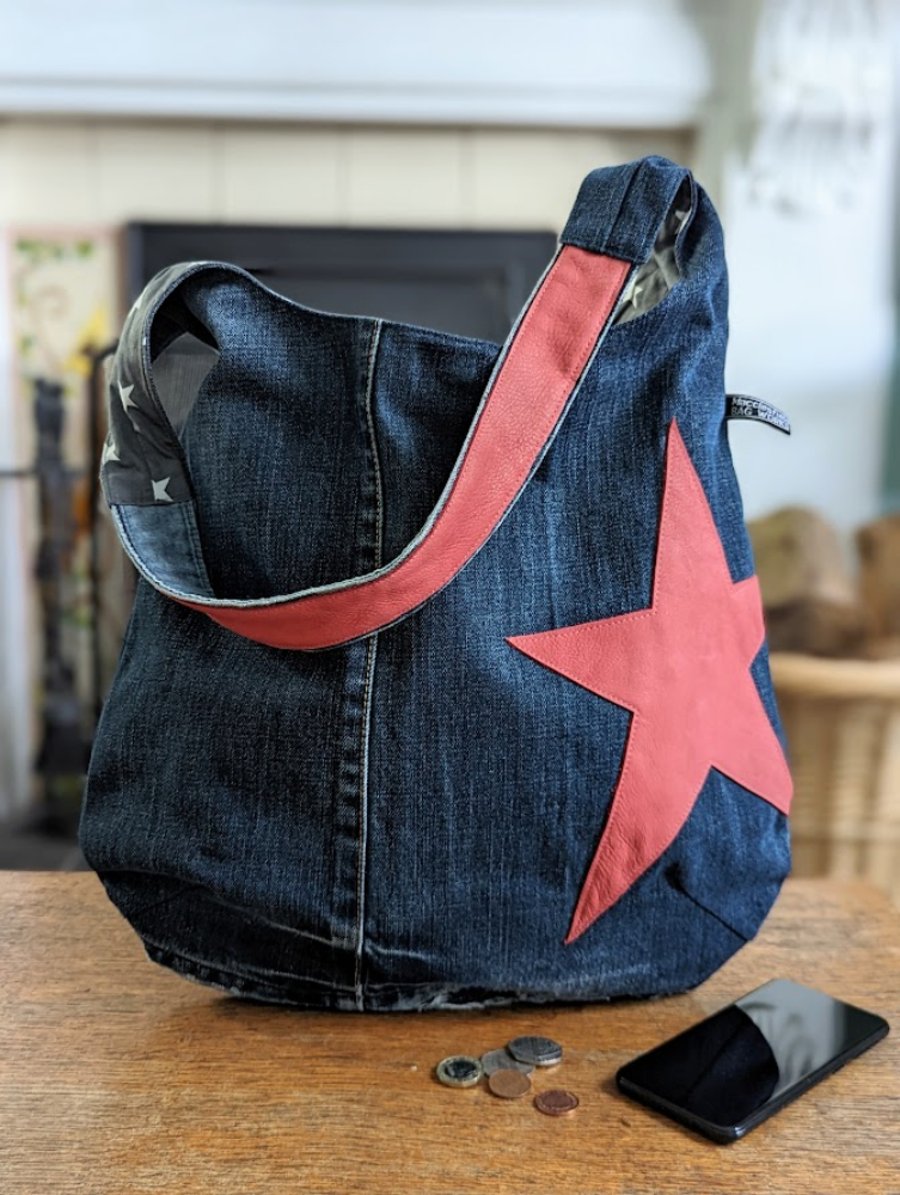 Large Recycled Denim Shoulder Hobo with Salmon Pink Leather Star Motif