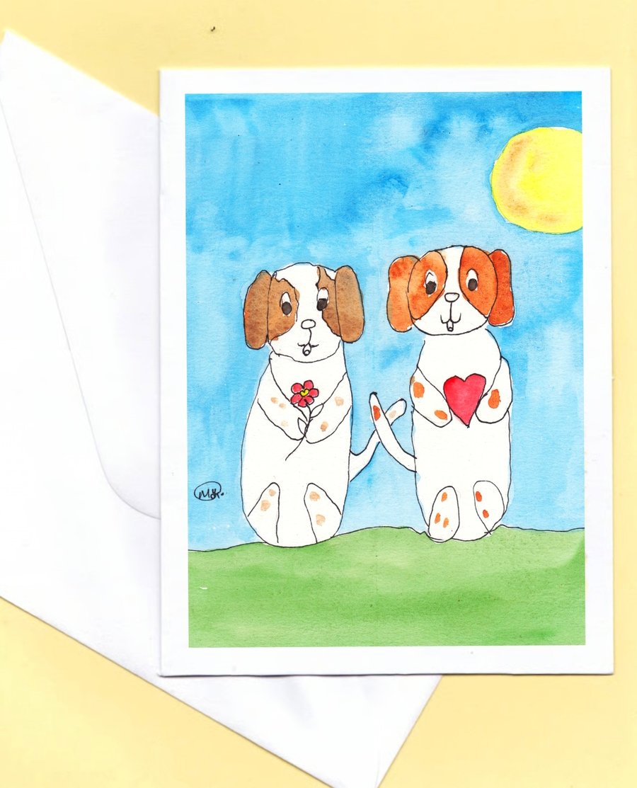 Cute Dogs, heart and flower. Print of Original painting