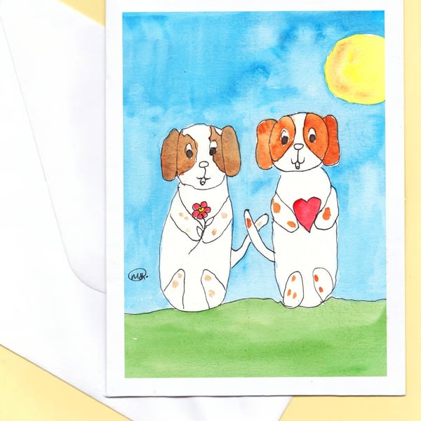 Cute Dogs, heart and flower. Print of Original painting