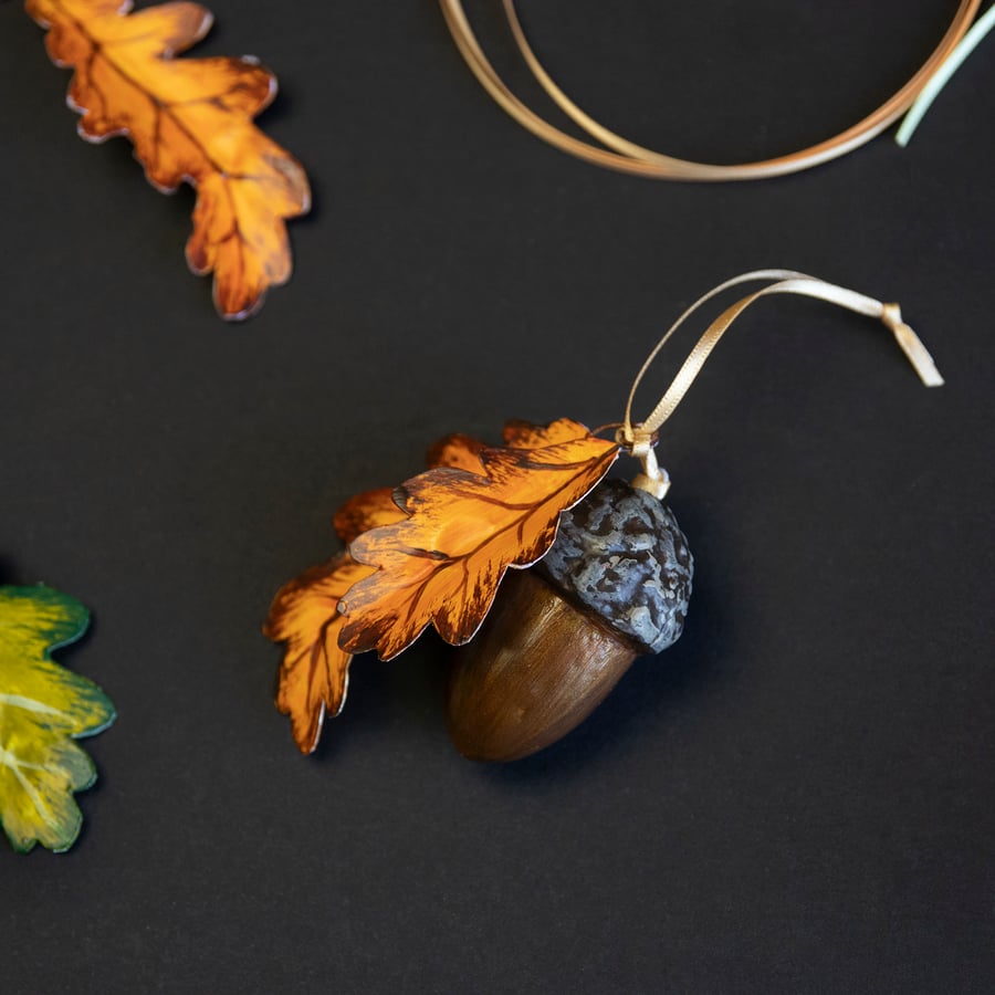 Hand painted unique autumnal acorn hanging decoration