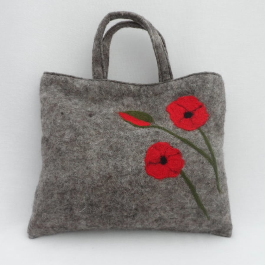 Grey Felt Tote Bag, Handbag with Poppy Detail