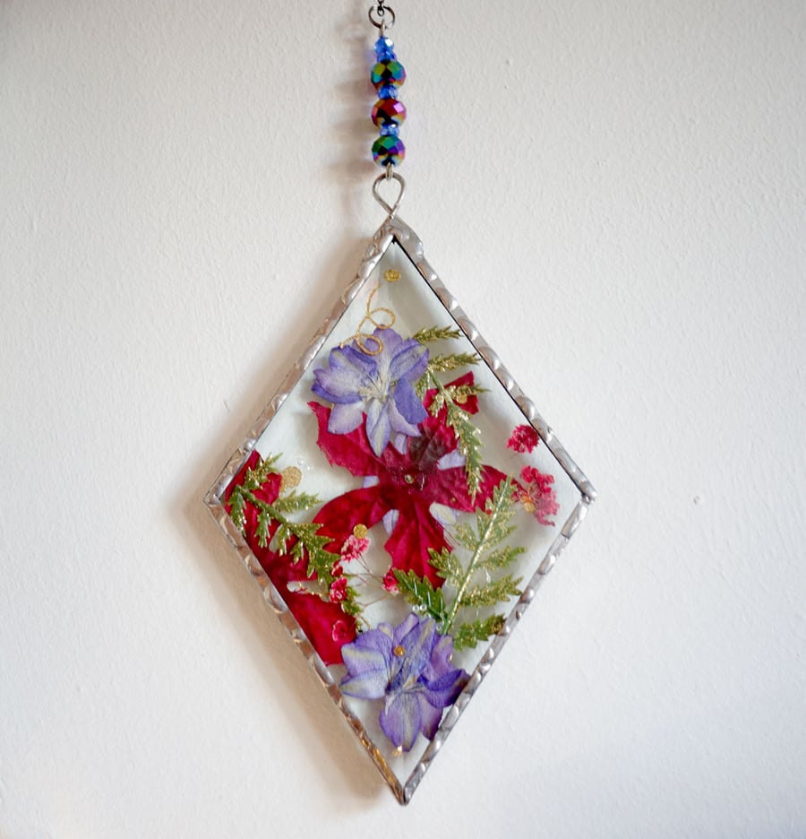 Stained Glass Suncatcher Diamond Bevel encased Wild Flowers  and diamante