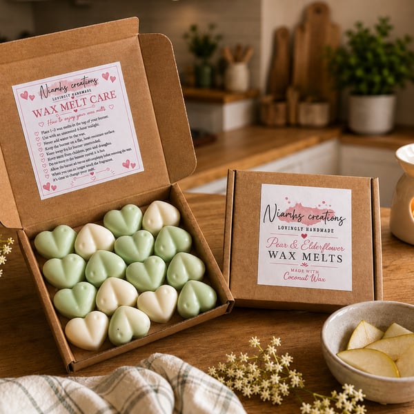 Pear & Elderflower Highly Scented Heart Wax Melts, Coconut Wax, Vegan, Uk Made