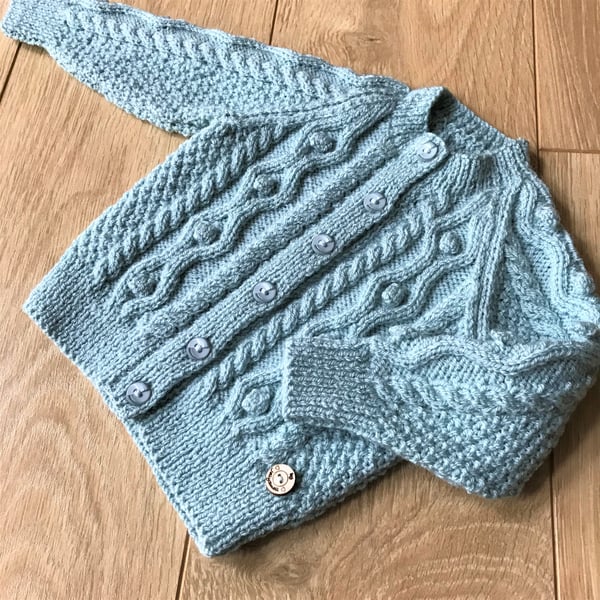 Hand Knitted Cardigan age up to 12 months in duck egg blue