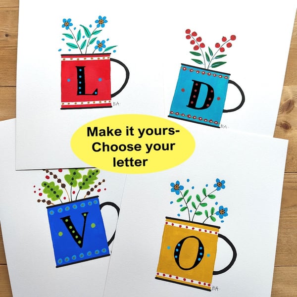 Personalised mug painting, original folk art, A5 unique gift custom artwork