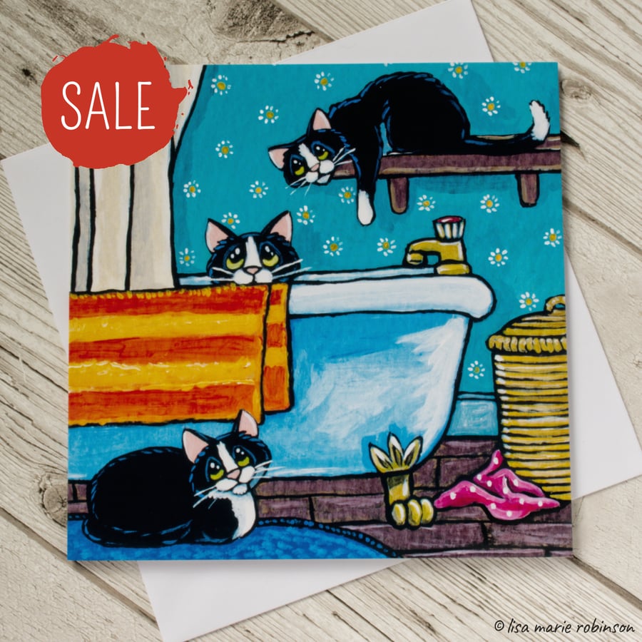 Naughty Cats in the Bathroom - Blank Greeting Card - REDUCED TO CLEAR