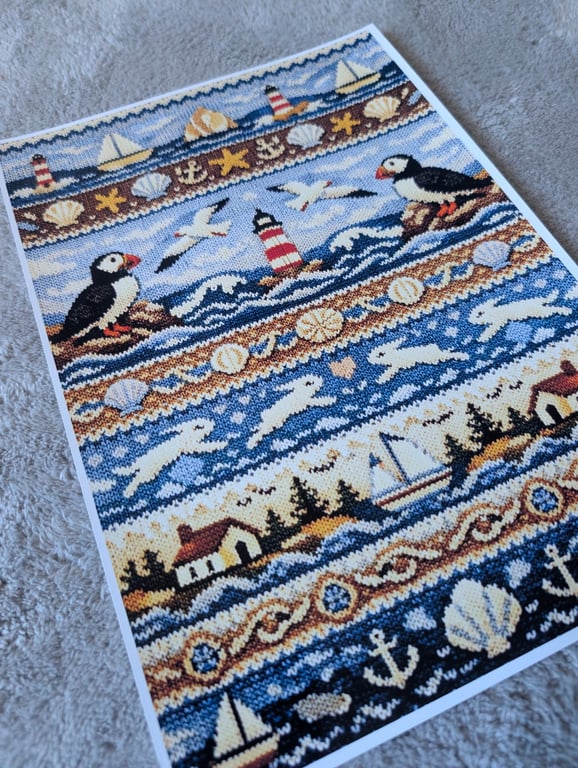Coastal Shetland Inspirited Fair Isle Knitted Print Puffin Coastal Scene A4