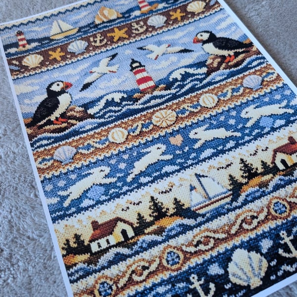 Coastal Shetland Inspirited Fair Isle Knitted Print Puffin Coastal Scene A4