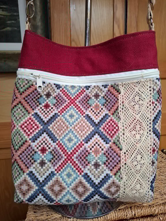 Red and tapestry bag