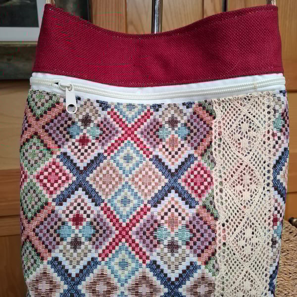 Red and tapestry bag