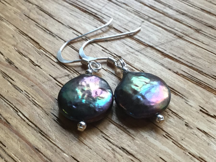 Reduced - Dark pearl coin and silver earrings- free UK postage