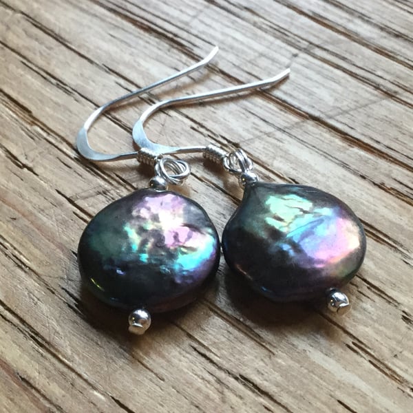 Reduced - Dark pearl coin and silver earrings- free UK postage