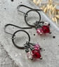 Vintage Crystal Earrings Dainty Hoops with Pink and Red Sparkles  - Image 3