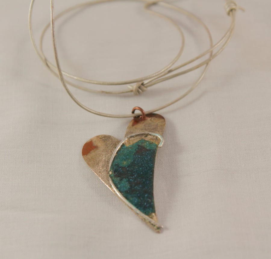  Copper and Silver Turquoise Enamelled Heart Pendant