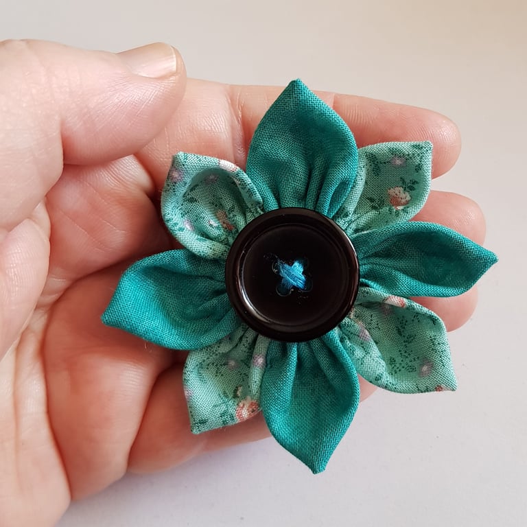 Teal and Mint Fabric Flower Brooch with Black Button - Floral Textile Pin