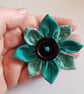 Teal and Mint Fabric Flower Brooch with Black Button - Floral Textile Pin