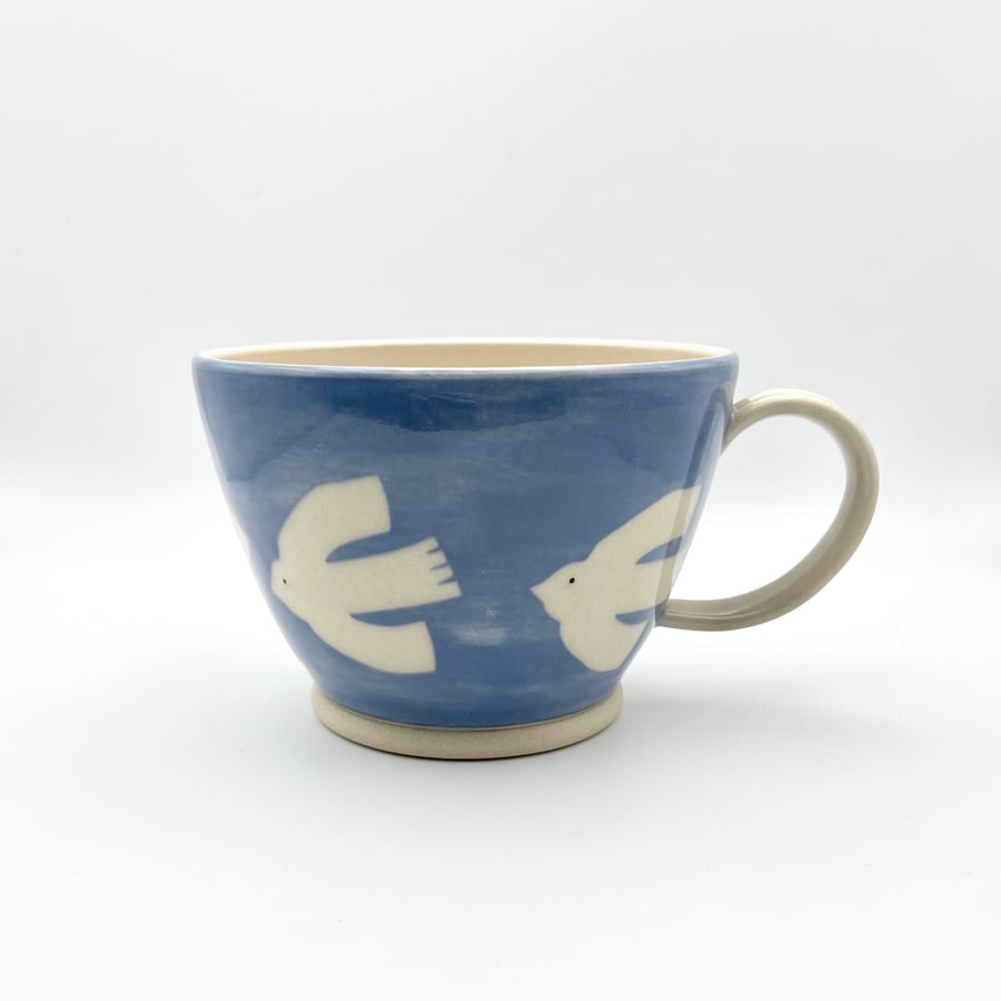 Handmade Mug Tea Coffee Blue White Birds Birthday Thank You Pottery Gift