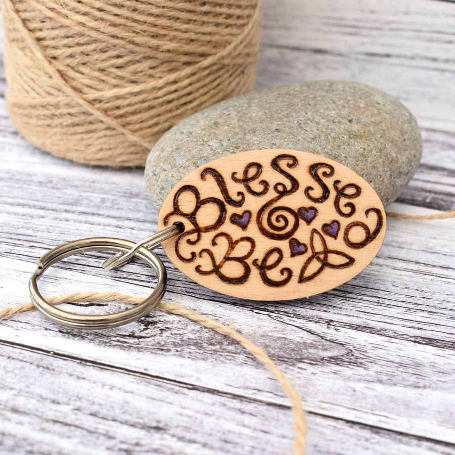 Blessed Be. Pyrography personalised keyring. 