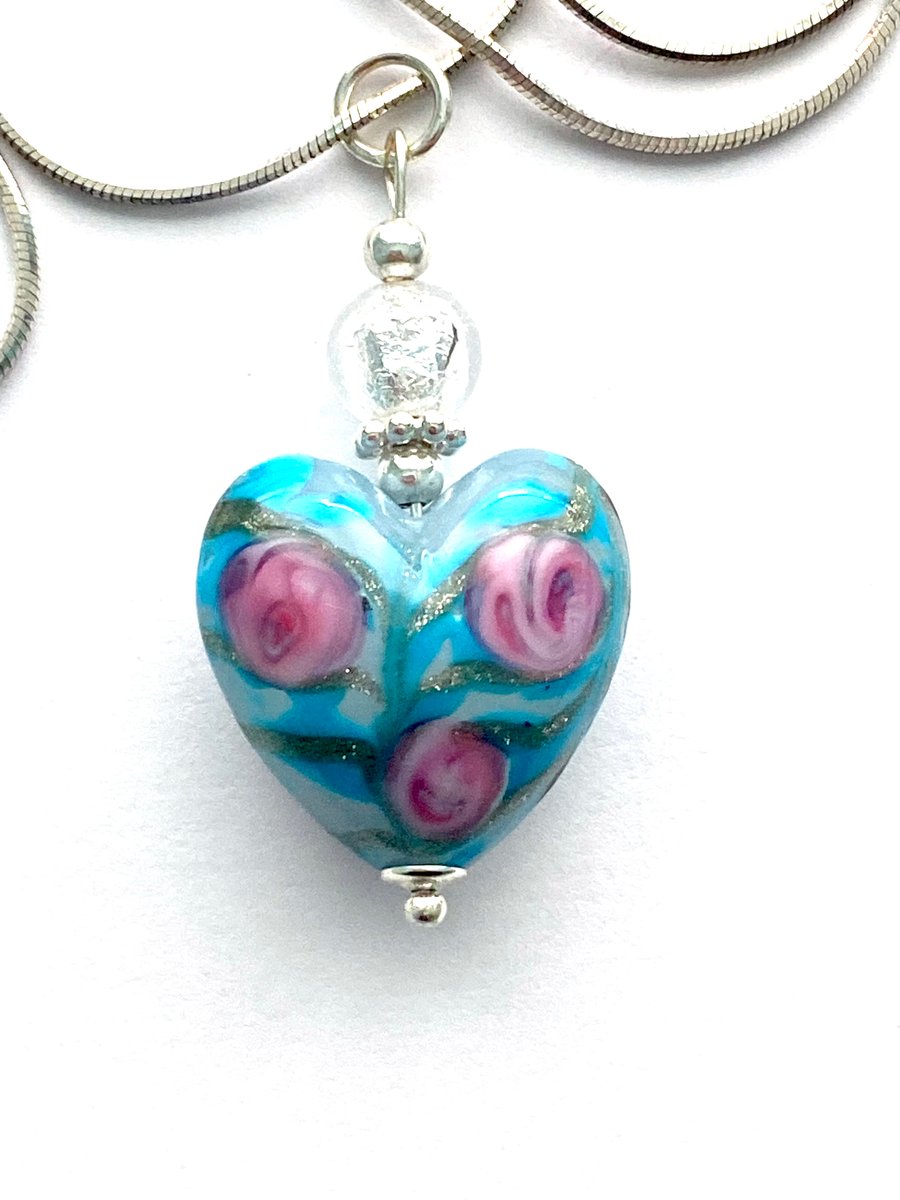 Murano Glass pendant necklace with pink roses and sterling silver.