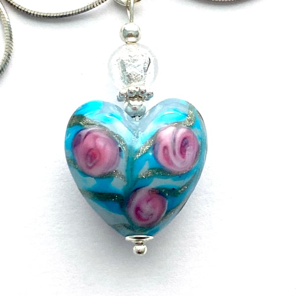 Murano Glass pendant necklace with pink roses and sterling silver.