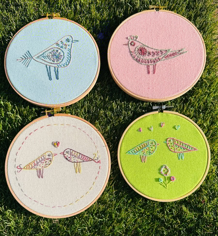 Hand embroidery decorations of cute scandi bird hoops in 4 colourful designs.  