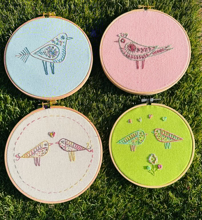 Hand embroidery decorations of cute scandi bird hoops in 4 colourful designs.  