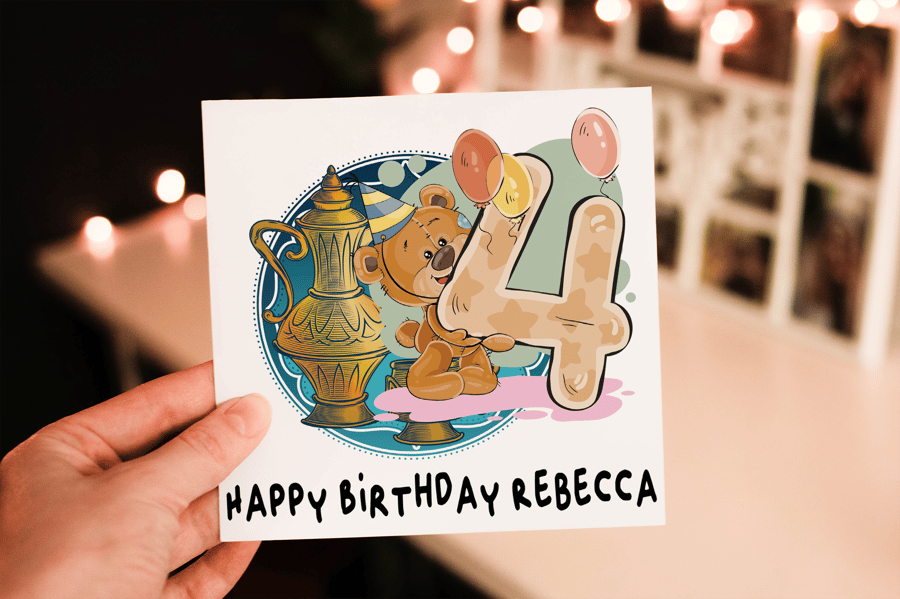 Teddy 4th Birthday Card, Card for 4th Birthday, Birthday Card, Friend Birthday