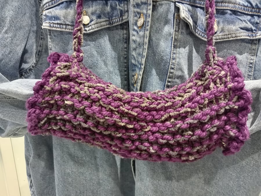 Chunky Dark Purple Hand Knitted Hand Warmer Muff with Neck Strap