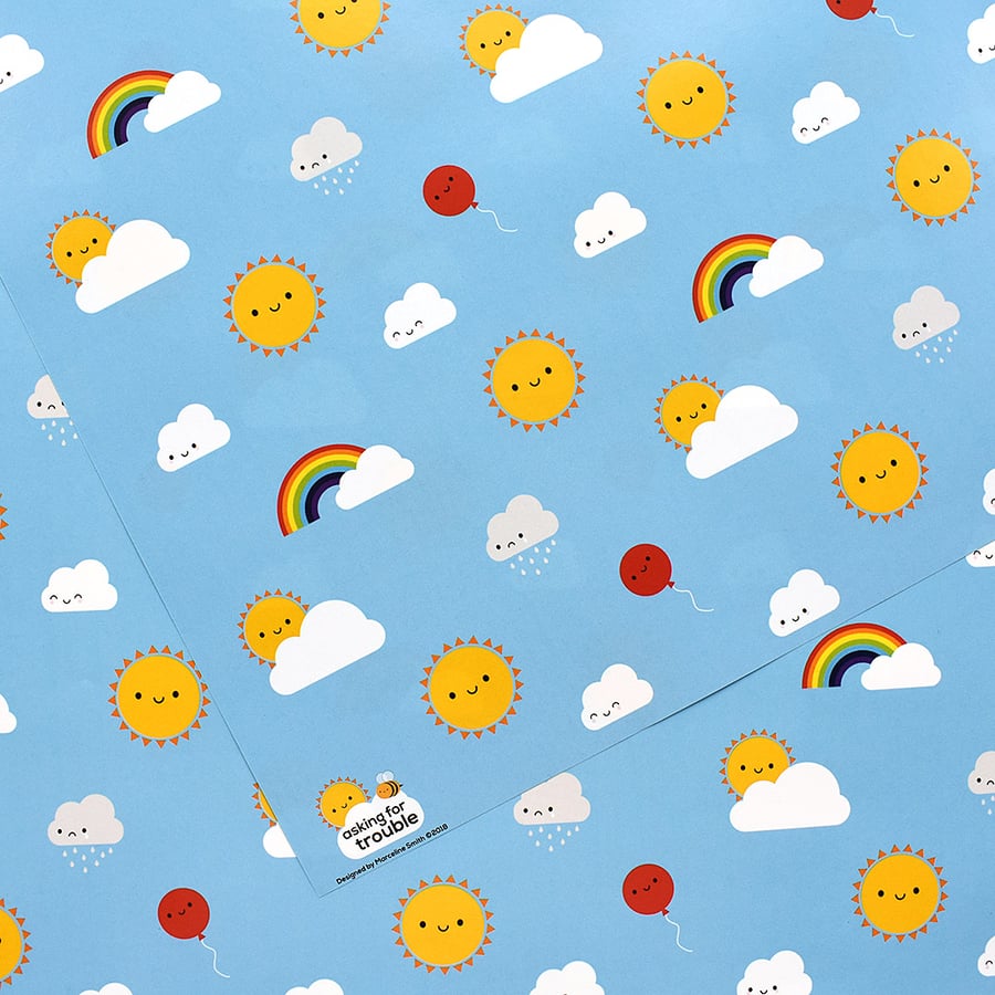 5 sheets of Gift Wrap - Kawaii Skies Rainbows & Clouds