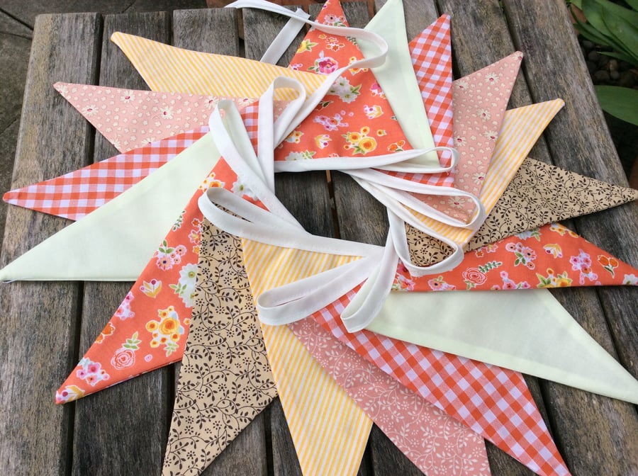 Rustic bunting in orange yellow brown and green - 16 flags birthday party deco, 