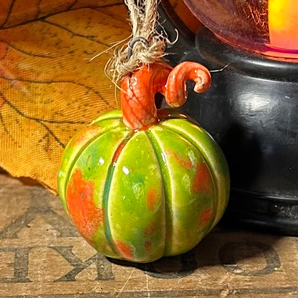 Green Small hanging ceramic pumpkin decoration 