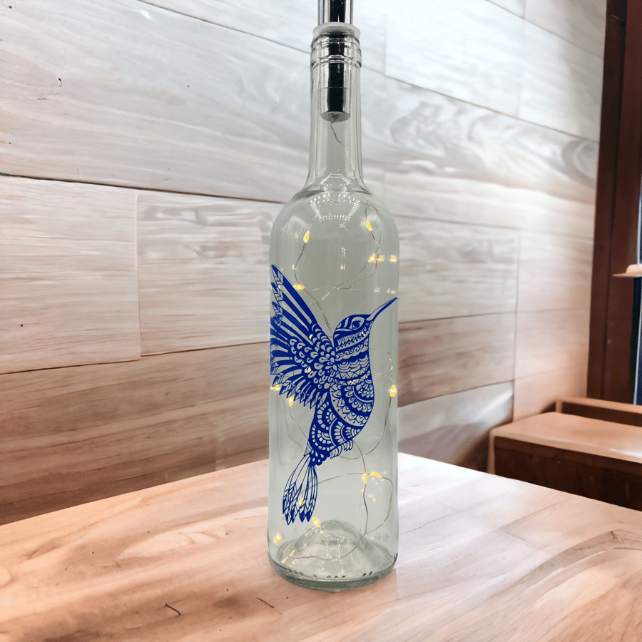 Hummingbird bottle light, blue bird light up bottle