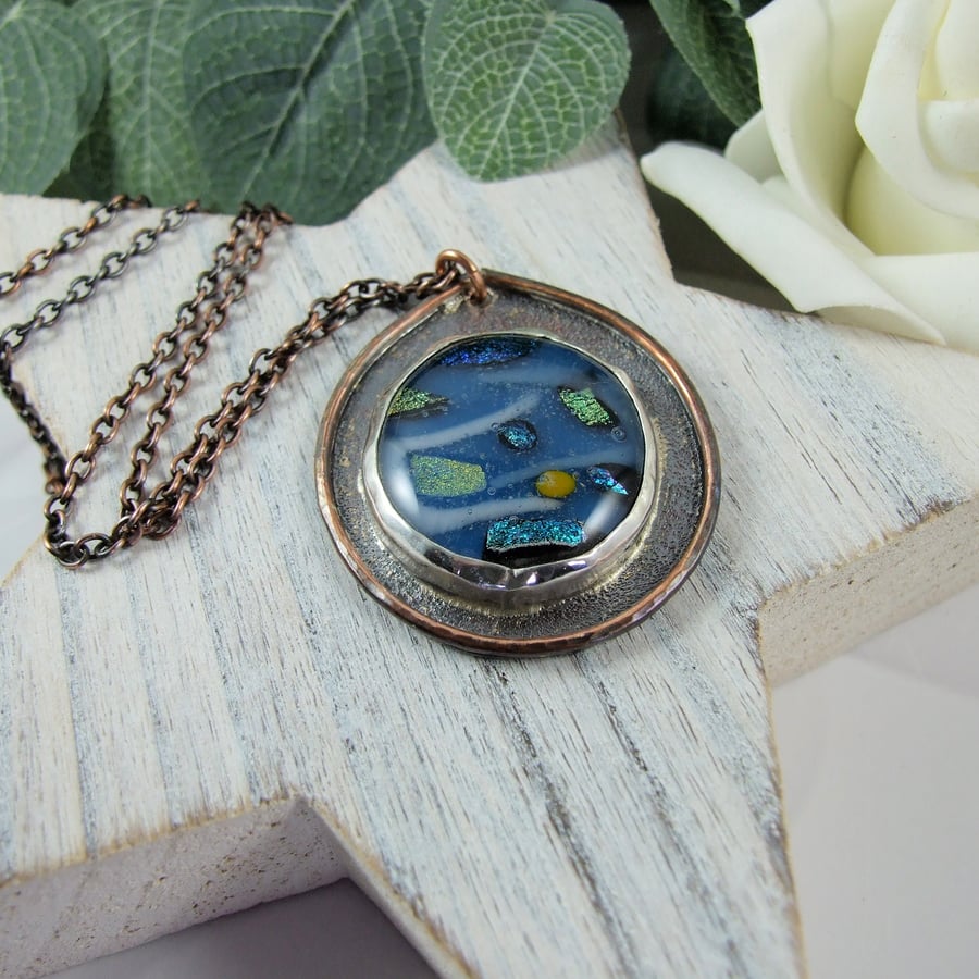 Copper Necklace.  Dichroic and Blue Glass Abstract Waves. Artisan Pendant