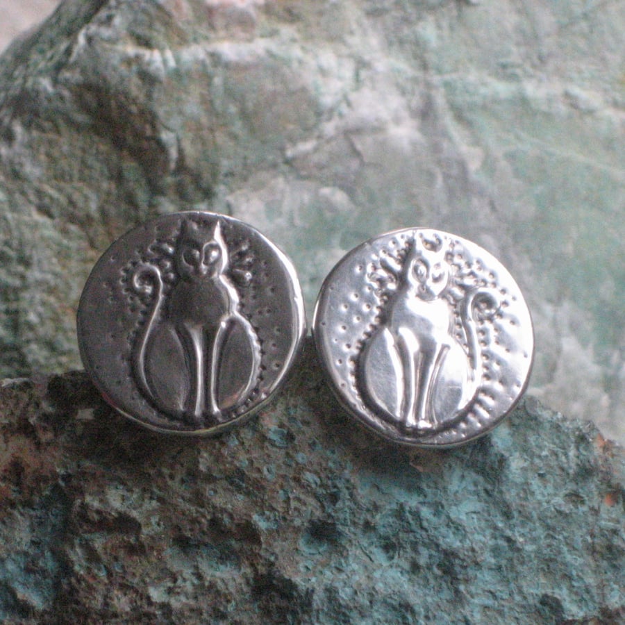 Handmade Silver Pewter Cufflinks, Cat Design