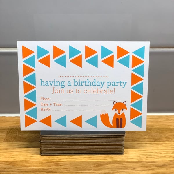 Pack of 8, Fox Birthday Party Invitation