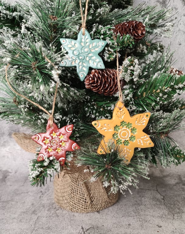 Nordic Rustic Snowflake Ornaments, Folk Art Christmas Hanging Décor, Set of 3