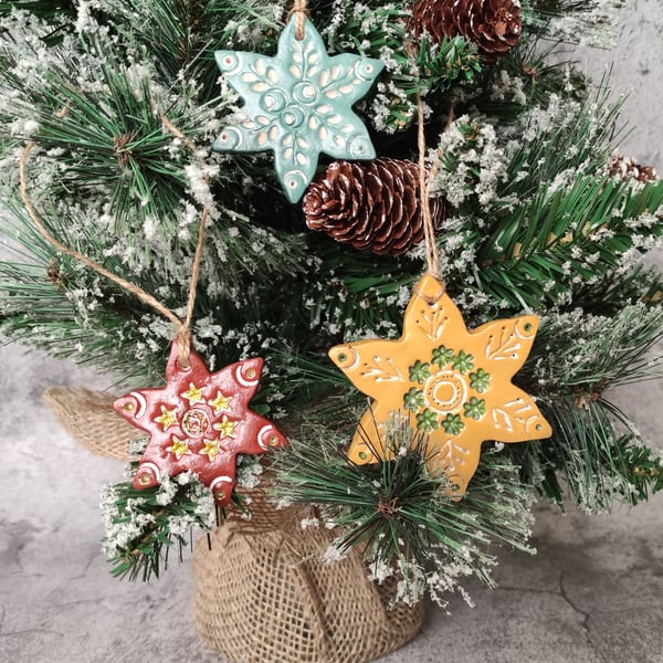 Nordic Rustic Snowflake Ornaments, Folk Art Christmas Hanging Décor, Set of 3