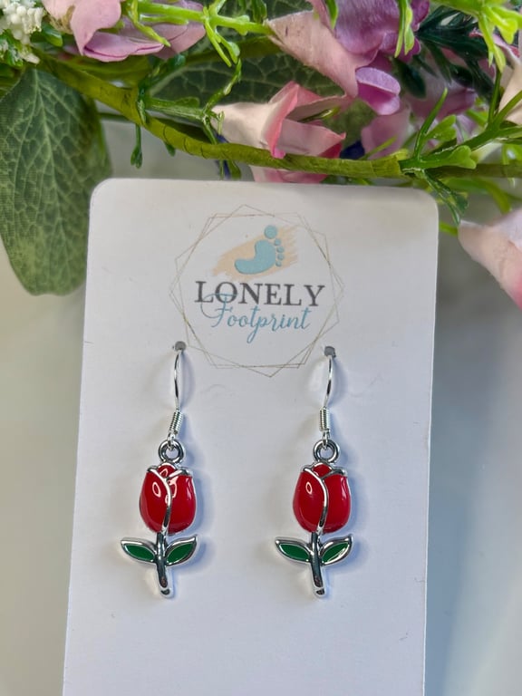 Red Tulip Enamel Earrings, Floral and Nature Jewellery, Handmade Gift for Her