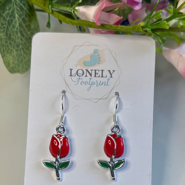 Red Tulip Enamel Earrings, Floral and Nature Jewellery, Handmade Gift for Her